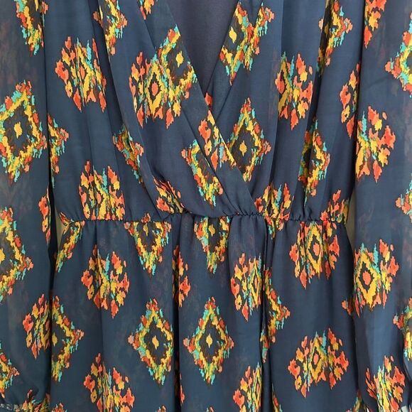 Lulu's Honey Punch That's a Wrap Dress Womens Small Blue Gold Print Tulip Skirt - Picture 7 of 11